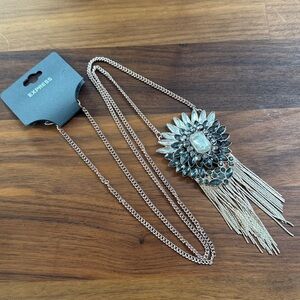 NWT Express Gold Tone Long Statement Black Clear Rhinestone Tassel Mesh Necklace